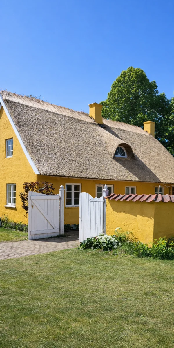 Yellow thatched cottage with white gate