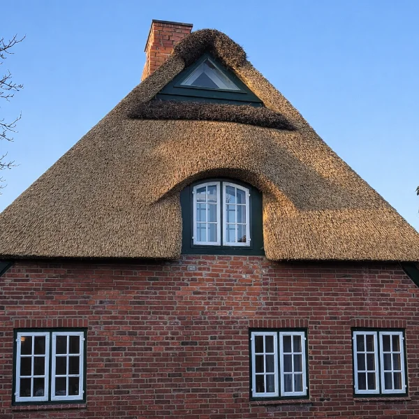Thatched gable with dormer window on brick house