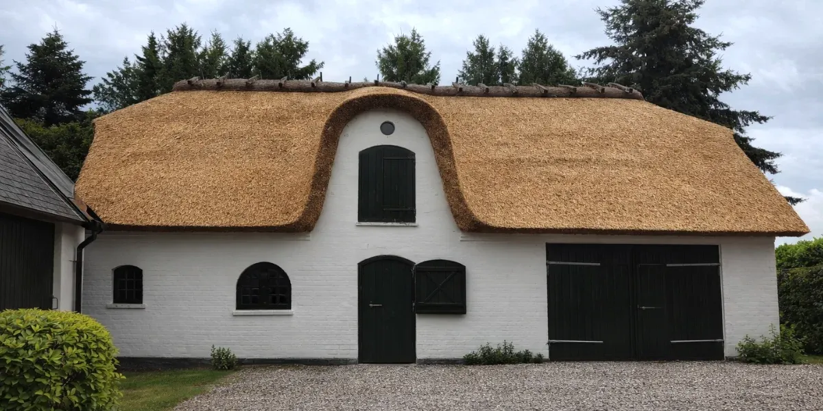 White House with Curved Reed Thatched Roof Design