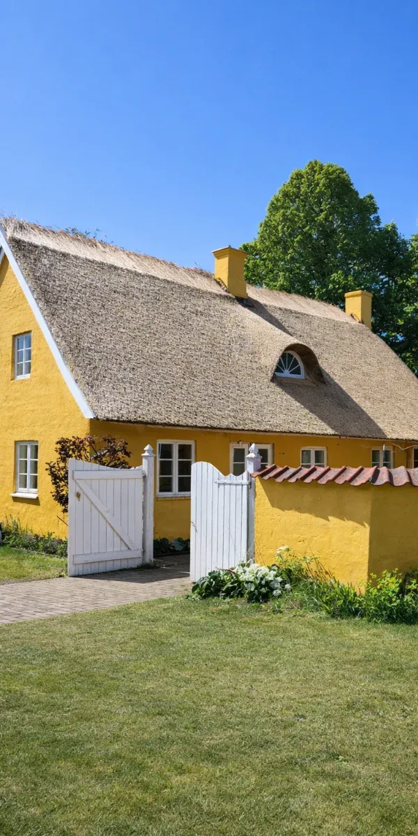 Yellow Cottage with Traditional Reed Thatched Roof